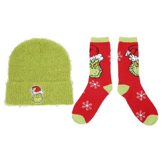 Picture of Dr. Seuss The Grinch Fuzzy Cuff Beanie & Women's Crew Sock Combo
