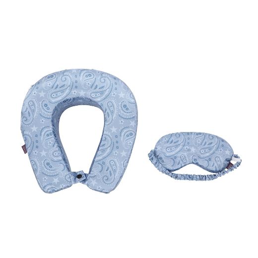 Picture of Blue Paisley Satin Neck Pillow & Eye Mask Travel Set