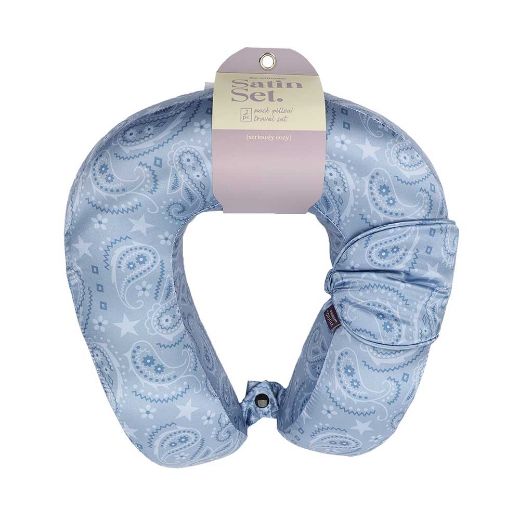 Picture of Blue Paisley Satin Neck Pillow & Eye Mask Travel Set