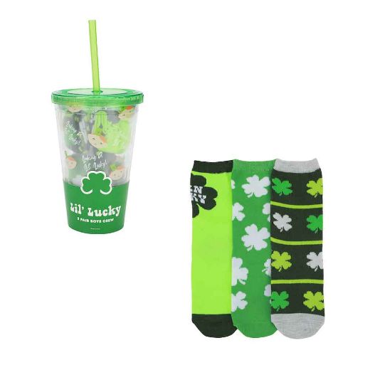 Picture of St. Patrick's Born Lucky 3 Pair Youth Crew Socks & Travel Cup Set