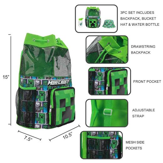 Picture of Minecraft Creeper 3 pc Youth Drawstring Backpack Set